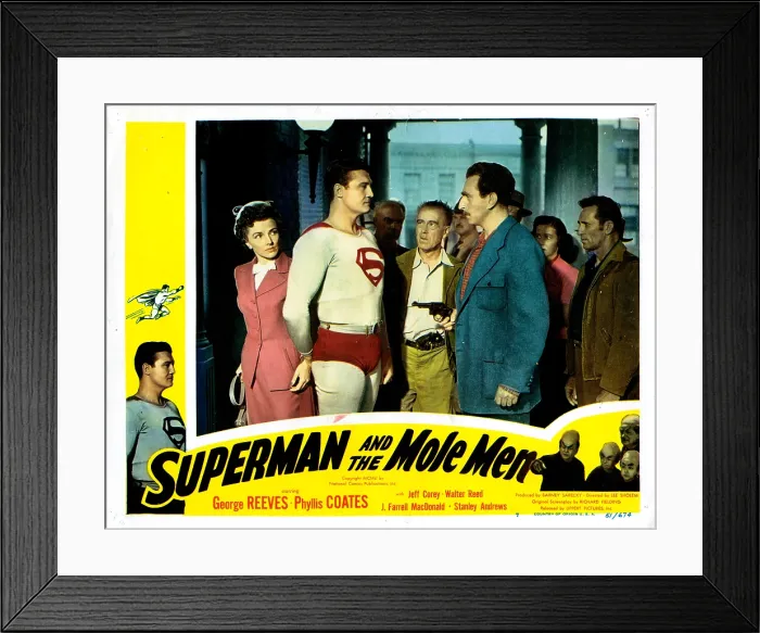 Framed Print : SUPERMAN AND THE MOLE MEN, US lobbycard, from left: Phyllis Coates, George Reeves, Jeff Corey, 1951