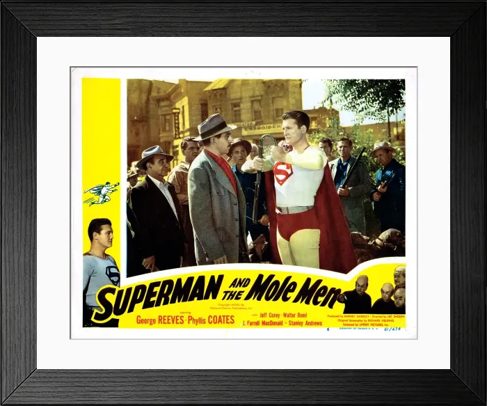 Framed Print : SUPERMAN AND THE MOLE MEN, US lobbycard, from left: Jeff Corey, George Reeves, 1951
