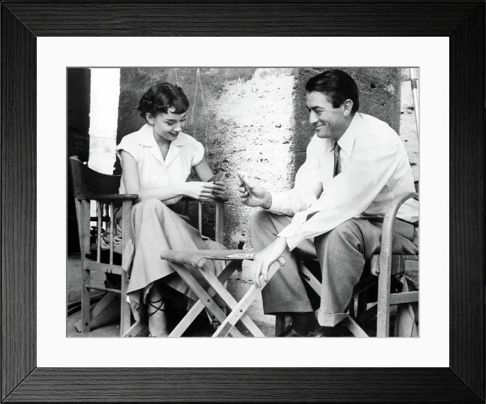 Framed Print : AUDREY HEPBURN and GREGORY PECK play cards while on location for ROMAN HOLIDAY, 1953 Framed Print : AUDREY HEPBURN and GREGORY PECK play cards while on location for ROMAN HOLIDAY, 1953