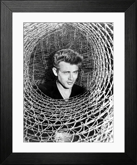 Framed Print : JAMES DEAN peeking through a spiral of chicken wire, c. mid-1950s