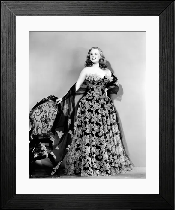 Framed Print : Deanna Durbin in hoop skirt styled lace fabric flowered evening dress designed by Howard Greer, 1946 Framed Print : Deanna Durbin in hoop skirt styled lace fabric flowered evening dress designed by Howard Greer, 1946