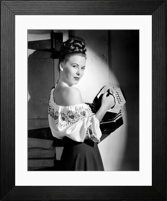 Framed Print : Andrea King, modeling a Lanz of California crepe blouse with hand-painted pattern, 1947