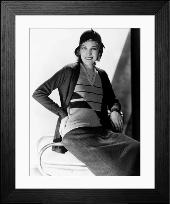 Framed Print : Edwina Booth, modeling a patterned sweater-suit in purple and lavender, 1931 Framed Print : Edwina Booth, modeling a patterned sweater-suit in purple and lavender, 1931