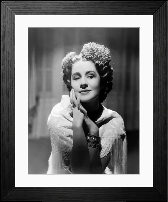 Framed Print : Norma Shearer, modeling a crimson floral hair arrangement, 1936 Framed Print : Norma Shearer, modeling a crimson floral hair arrangement, 1936