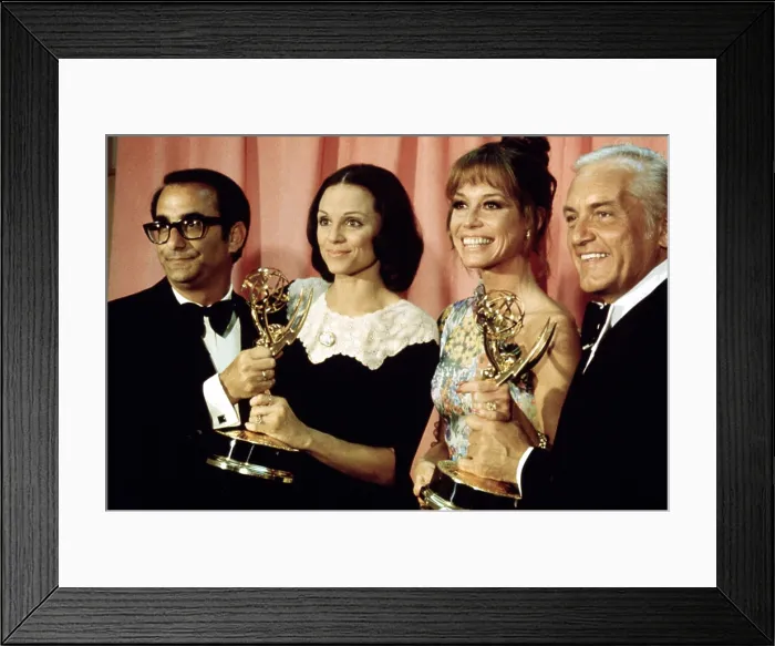 Framed Print : VALERIE HARPER, MARY TYLER MOORE and TED KNIGHT holding their MARY TYLER MOORE SHOW Emmys, 1970s