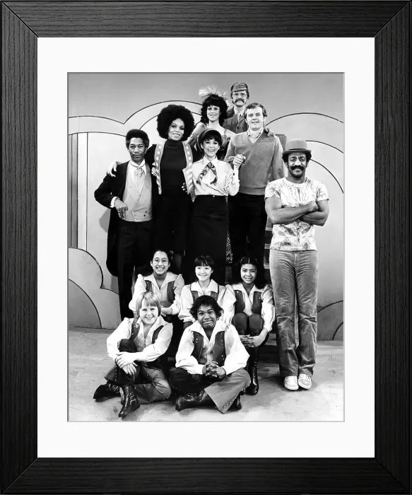 Framed Print : ELECTRIC COMPANY, Cast (standing, l to r): Morgan Freeman, Lee Chamberlin, Rita Moreno, Judy Graubart, Skip Hinnant, Jim Boyd, Bill Cosby; (seated)