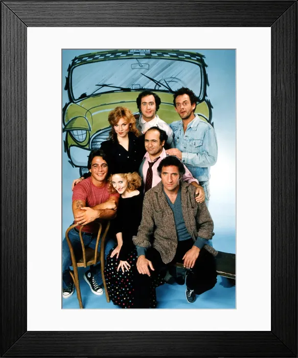 Framed Print : TAXI, (Front L-R), Tony Danza, Carol Kane, Judd Hirsch, (Back L-R), Marilu Henner, Danny DeVito, Andy Kaufman, Christopher Lloyd, Season 5, 1982-1983