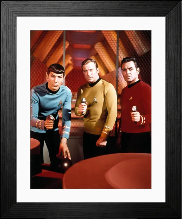 Framed Print : STAR TREK, Leonard Nimoy, William Shatner, James Doohan, with phasers, 1966-1969