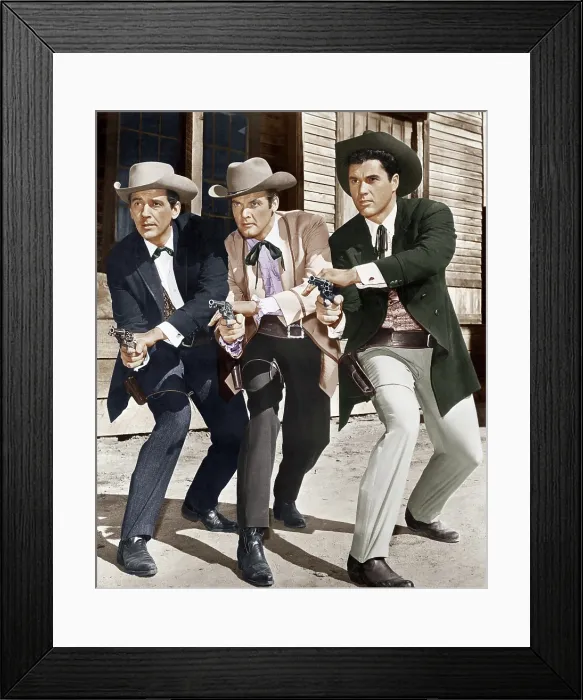 Framed Print : MAVERICK, from left: Jack Kelly, Roger Moore, Robert Colbert, 1957-62