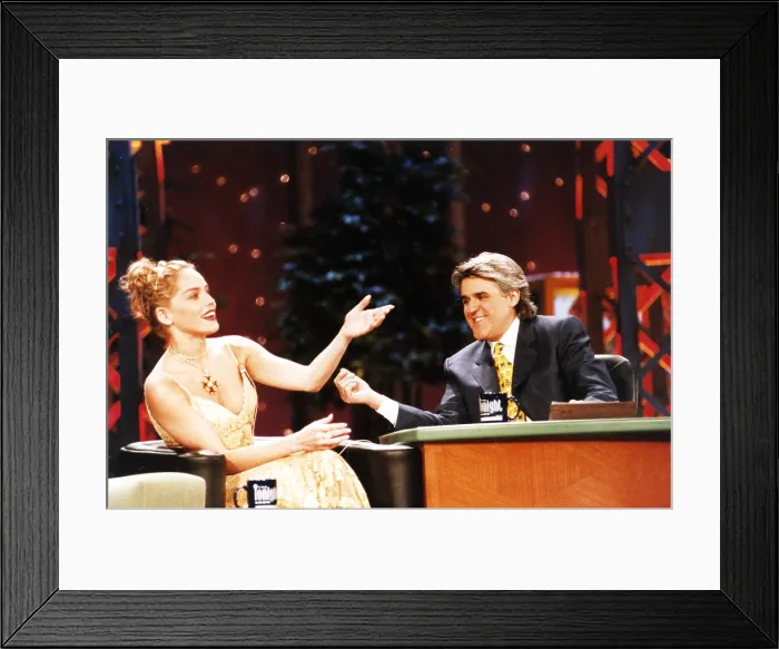 Framed Print : THE TONIGHT SHOW WITH JAY LENO, from left: Sharon Stone, Jay Leno, Episode #4.152, season 4, ep. 152, aired, 5 / 1 / 1996, 1992-2014