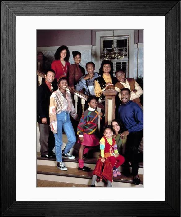 Framed Print : COSBY SHOW, Rear, L-R, Sabrina LeBeauf, Tempestt Bledsoe, Bill Cosby, Phylicia rashad, Malcolm Jamal Warner, Center, L-R, Geoffrey Owens, Keshia Knight Pulliam, Joseph C