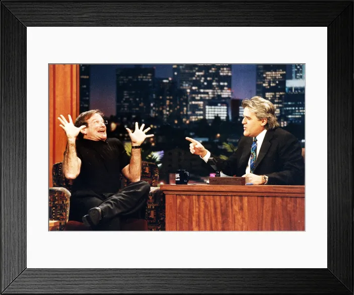 Framed Print : THE TONIGHT SHOW WITH JAY LENO, from left: Robin Williams, Jay Leno, season 4, ep. 879, aired, 3 / 7 / 1996, 1992-2014 Framed Print : THE TONIGHT SHOW WITH JAY LENO, from left: Robin Williams, Jay Leno, season 4, ep. 879, aired, 3 / 7 / 1996, 1992-2014