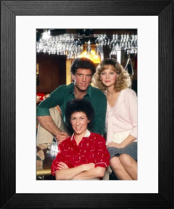 Framed Print : CHEERS, from left: Rhea Perlman (front), Ted Danson, Shelley Long, 1983, (1982-1993)