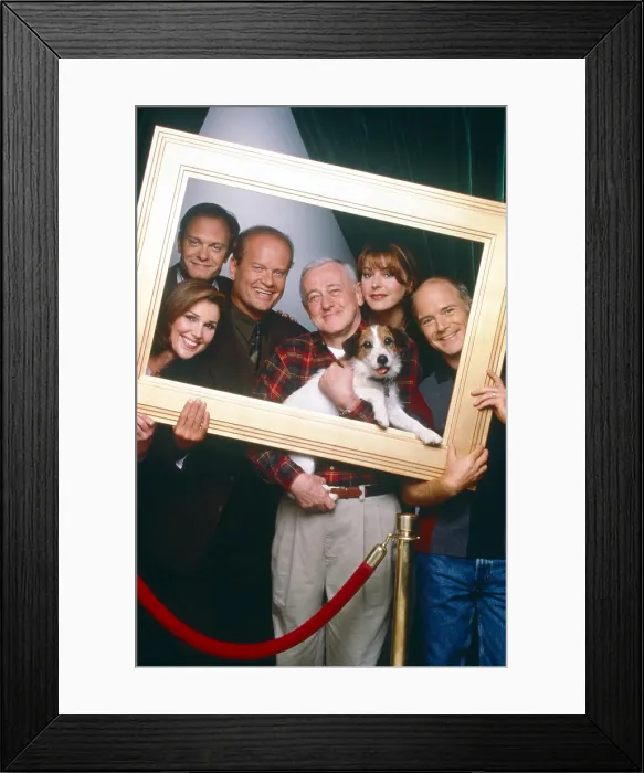 Framed Print : FRASIER, from left: Peri Gilpin (bottom), David Hyde Pierce, Kelsey Grammer, John Mahoney, Jane Leeves, Dan Butler, with Moose, as Eddie, (1993-2004)