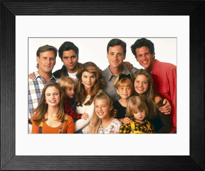 Framed Print : FULL HOUSE, top, from left: Dave Coulier, John Stamos, Bob Saget, Scott Weinger, bottom, from left: Andrea Barber, Blake Tuomy-Wilhoit, Lori Loughlin, Jodie Sweetin