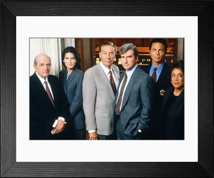 Framed Print : LAW & ORDER, from left: Steven Hill, Angie Harmon, Jerry Orbach, Sam Waterston, Benjamin Bratt, S. Epatha Merkerson, season 9, 1990-2010