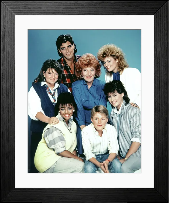 Framed Print : THE FACTS OF LIFE, (clockwise from left): Mindy Cohn, George Clooney, Charlotte Rae, Lisa Whelchel, Nancy McKeon, Mackenzie Astin, Kim Fields, 1979-88 Framed Print : THE FACTS OF LIFE, (clockwise from left): Mindy Cohn, George Clooney, Charlotte Rae, Lisa Whelchel, Nancy McKeon, Mackenzie Astin, Kim Fields, 1979-88