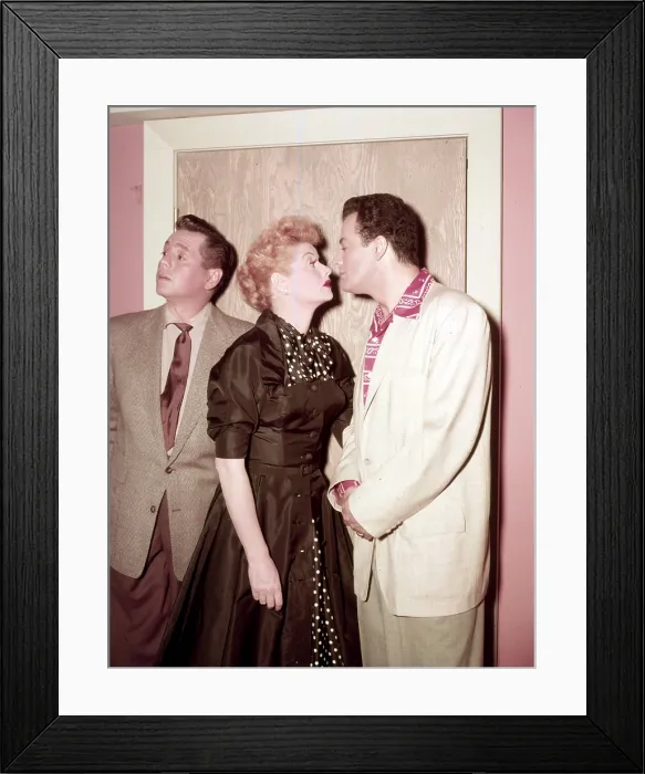 Framed Print : I LOVE LUCY, from left, Desi Arnaz, Lucille Ball, Cornel Wilde, The Star Upstairs, season 4, ep. 25, aired April 18, 1955