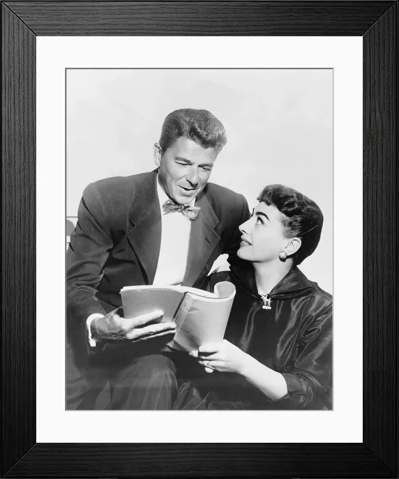 Framed Print : GENERAL ELECTRIC THEATER, from left, Ronald Reagan, Joan Crawford, in rehearsal for The Road to Edinburgh, aired October 31, 1954