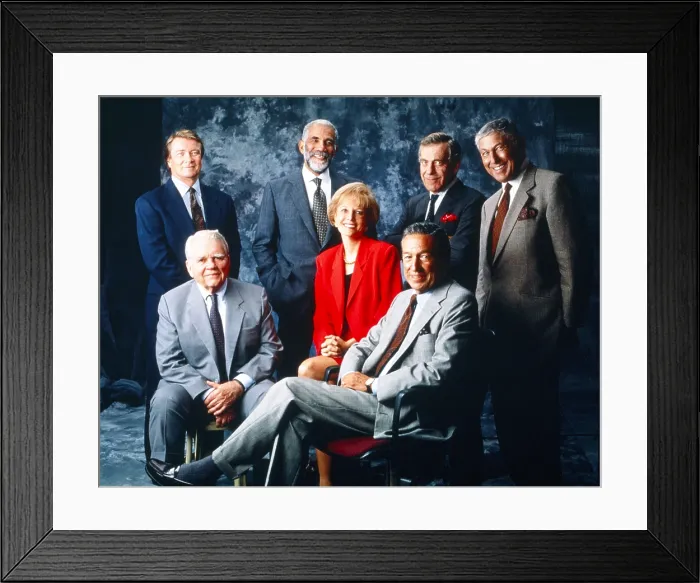 Framed Print : 60 MINUTES, from left: Steve Kroft, Andy Rooney, Ed Bradley, Lesley Stahl, Mike Wallace, Morley Safer, 1990s. (1968-)