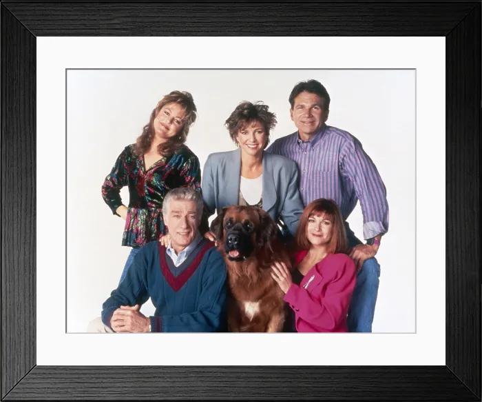 Framed Print : EMPTY NEST, clockwise from top left: Park Overall, Kristy McNichol, David Leisure, Dinah Manoff, Bear the dog, Richard Mulligan, 1988-1995