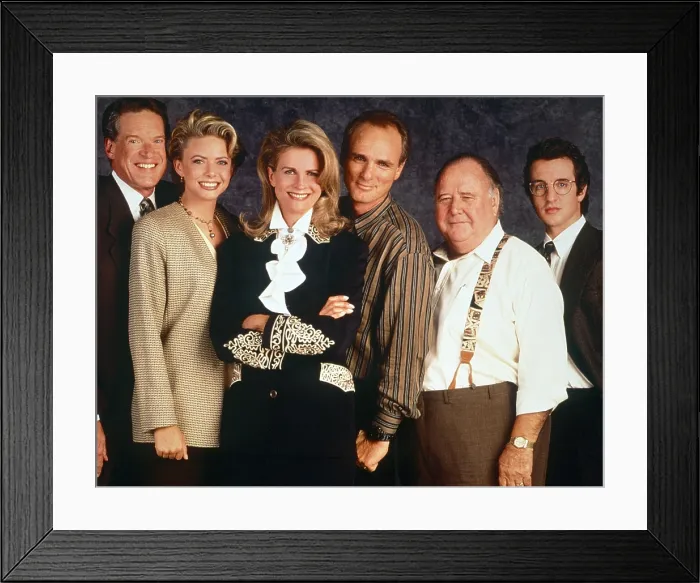 Framed Print : MURPHY BROWN, from left: Charles Kimbrough, Faith Ford, Candice Bergen, Joe Regalbuto, Pat Corley, Grant Shaud, (1994), 1988-2018