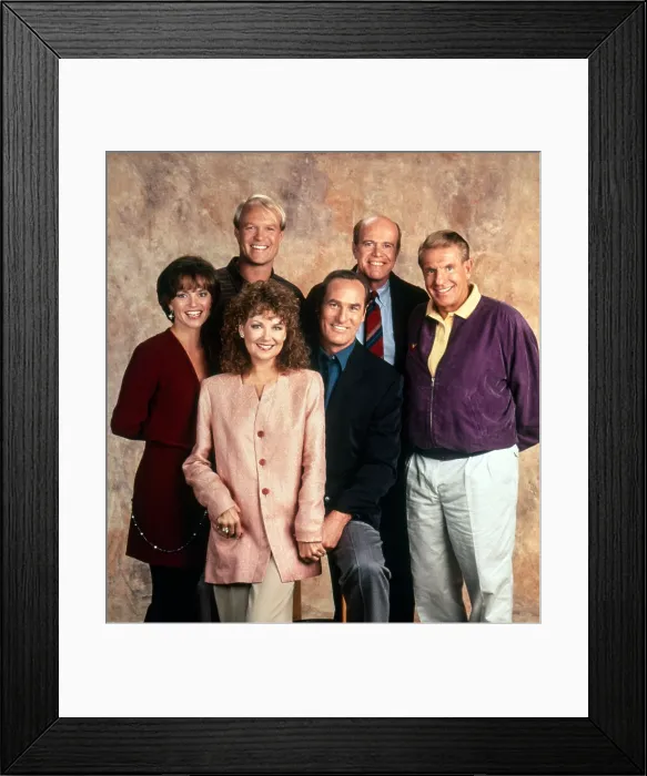 Framed Print : COACH, back from left: Bill Fagerbakke, Ken Kimmins; front from left: Clare Carey, Shelley Fabares, Craig T. Nelson, Jerry Van Dyke, (season 6, 1993), 1989-1997