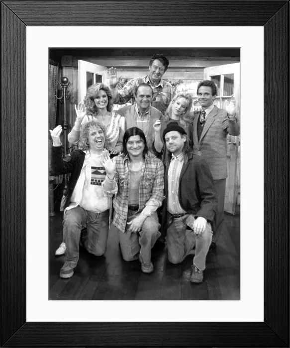 Framed Print : NEWHART, cast during final episode of series, top: Tom Poston; middle from left: Mary Frann, Bob Newhart, Julia Duffy, Peter Scolari; bottom from left: John Volstad Framed Print : NEWHART, cast during final episode of series, top: Tom Poston; middle from left: Mary Frann, Bob Newhart, Julia Duffy, Peter Scolari; bottom from left: John Volstad
