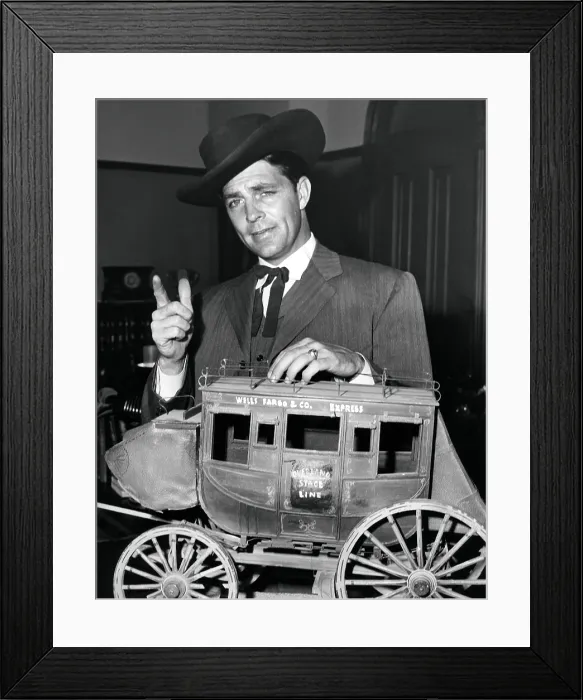 Framed Print : TALES OF WELLS FARGO, Dale Robertson, with a model of the titular mail coach, 1957-62
