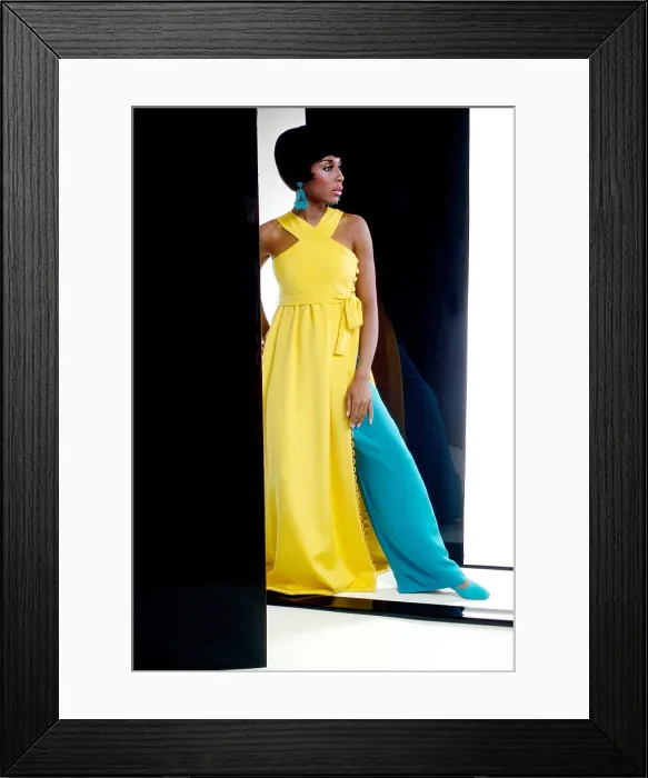 Framed Print : Diahann Carroll, wearing a yellow silk gown and turquoise pants from Donald Brooks Summer 1967 collection, 1967 Framed Print : Diahann Carroll, wearing a yellow silk gown and turquoise pants from Donald Brooks Summer 1967 collection, 1967