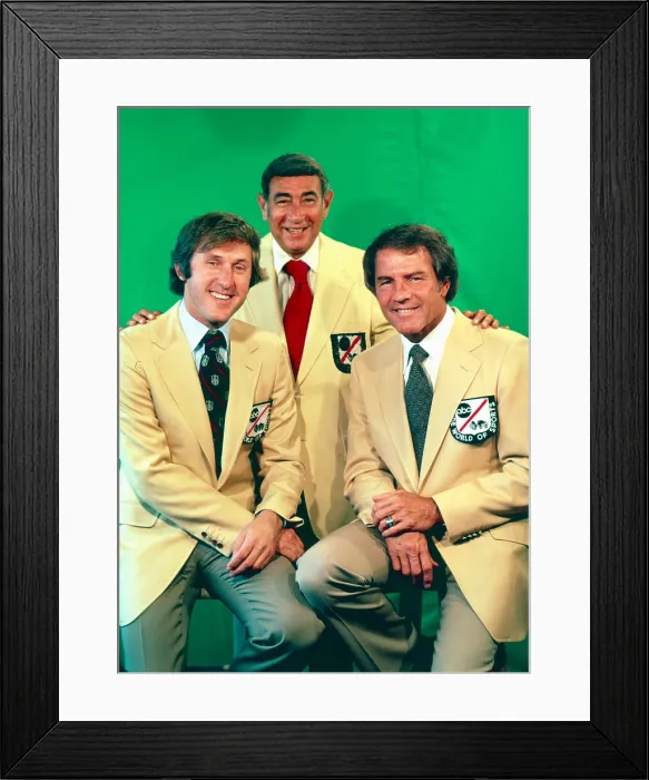 Framed Print : NFL MONDAY NIGHT FOOTBALL (aka ABC MONDAY NIGHT FOOTBALL), from left: Fran Tarkenton, Howard Cosell, Frank Gifford, 1970