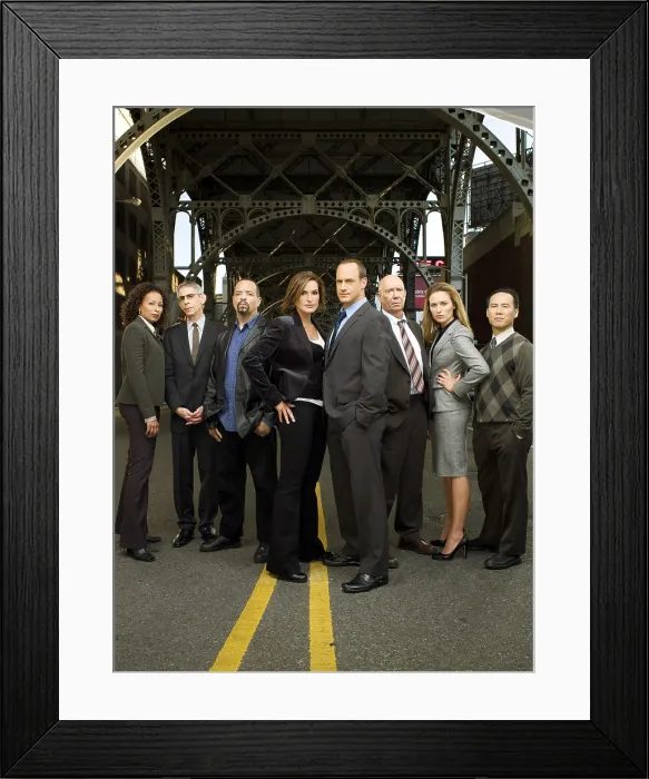 Framed Print : LAW & ORDER: SPECIAL VICTIMS UNIT, (from left): Tamara Tunie, Richard Belzer, Ice-T, Mariska Hargitay, Christopher Meloni, Dann Florek, Michael McManus, B.D