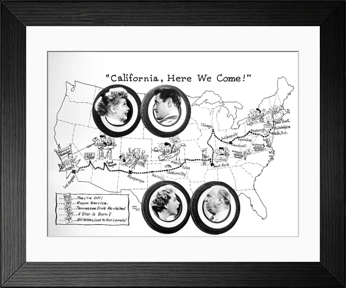 Framed Print : I LOVE LUCY, promotional piece for the Ricardos and Mertz's Cross-Country trip from NYC to California, top from left: Lucille Ball, Desi Arnaz; bottom from left: Vivian Vance