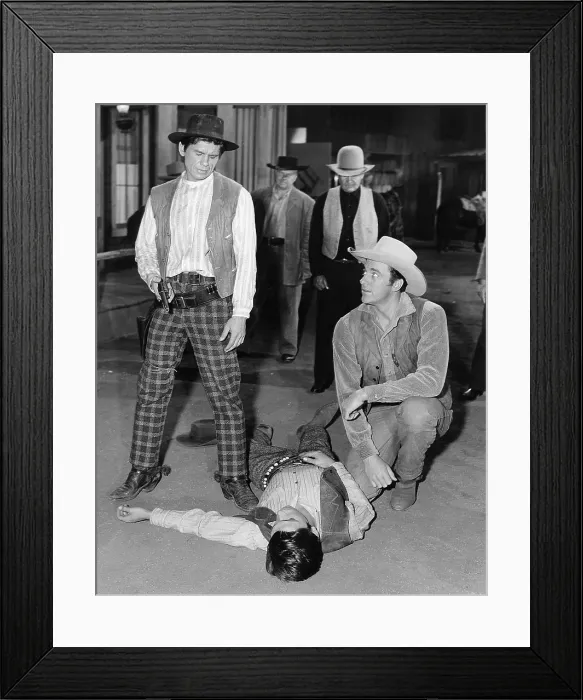 Framed Print : GUNSMOKE, from left: Charles Bronson, James Arness (kneeling), The Killer, (Season 1 | Episode 28, aired 26 May 1956), 1955-1975