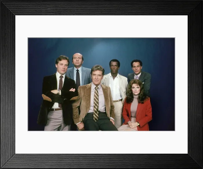 Framed Print : STRIKE FORCE, (from left): Michael Goodwin, Herb Edelman, Robert Stack, Dorian Harewood, Trisha Noble, Richard Romanus, (1981), 1981-82