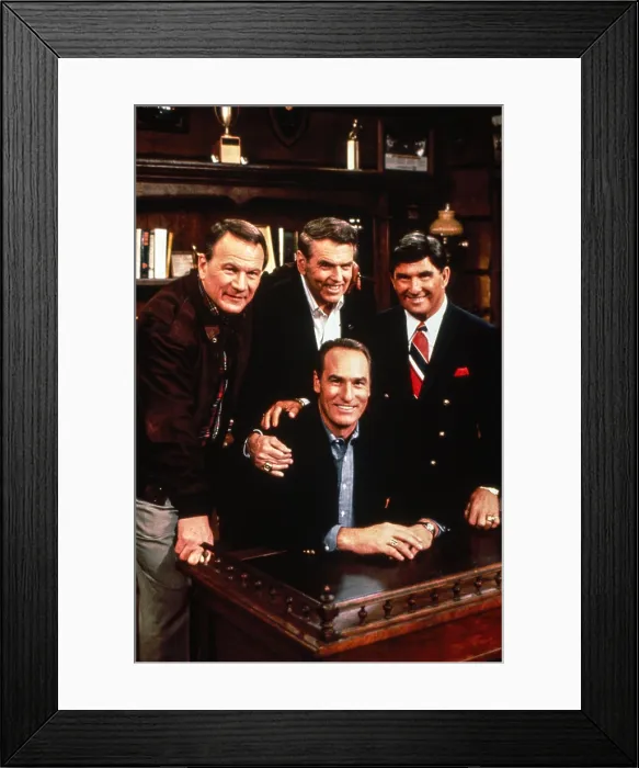 Framed Print : COACH, standing from left: Barry Switzer, George Allen, Hank Stram; seated: Craig T. Nelson, Coaches Conference (season 2, episode 12, aired February 13, 1990), 1989-1997