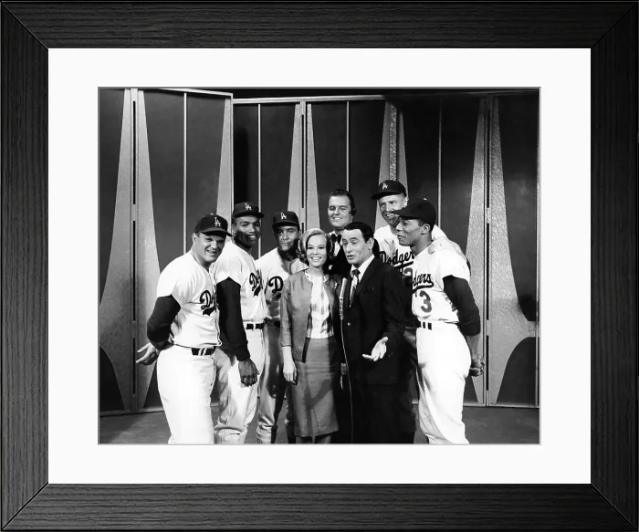 Framed Print : THE JOEY BISHOP SHOW, front center: Abby Dalton, Joey Bishop; back from left: Bill Skowron, Tommy Davis, Ron Perranoski, Don Drysdale, Frank Howard, Willie Davis