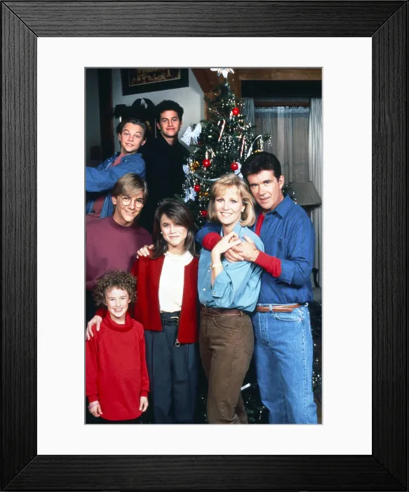 Framed Print : GROWING PAINS, top, from left: Leonardo DiCaprio, Kirk Cameron, bottom, from left: Ashley Johnson (front), Jeremy Miller, Tracey Gold, Joanna Kerns, Alan Thicke, 1991, 1985-1992