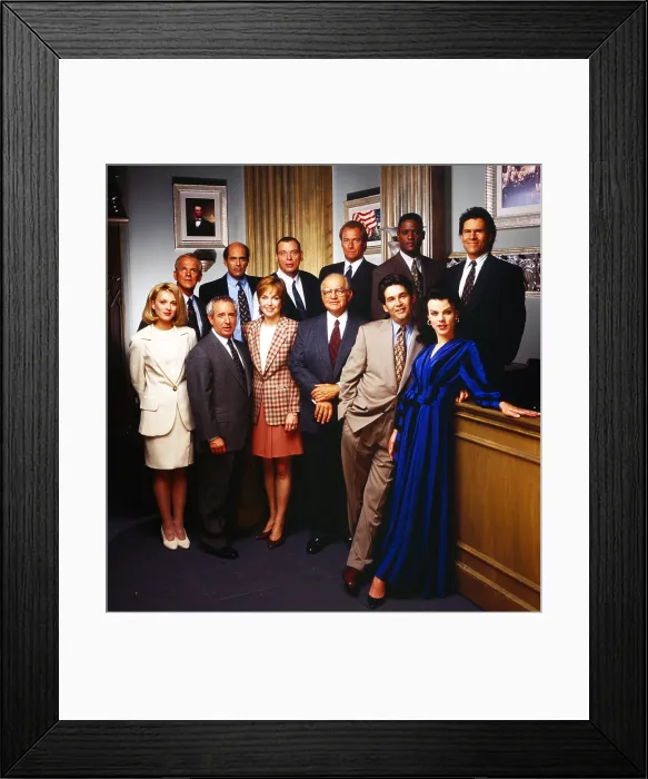 Framed Print : L.A. LAW, from left: Alexandra Powers, John Spencer, Michael Tucker, Alan Rachins (top), Jill Eikenberry, Larry Drake (top), Richard Dysart, Corbin Bernsen (top), Alan Rosenberg