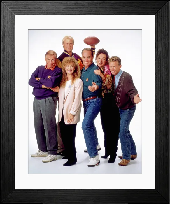Framed Print : COACH, l-r: Jerry Van Dyke, Shelley Fabares, Bill Fagerbakke, Craig T. Nelson, Clare Carey, Kris Kamm, (Season 4-ca. 1991)