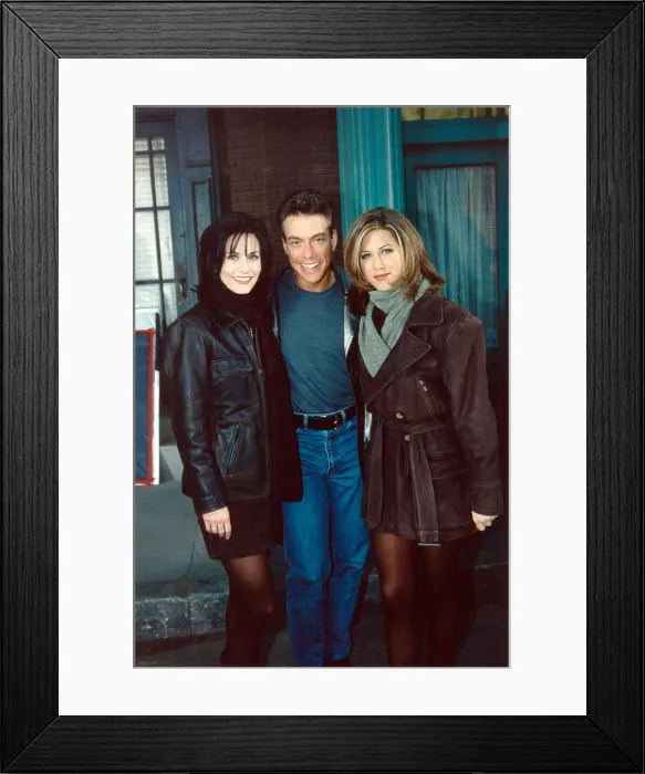 Framed Print : FRIENDS, from left: Courteney Cox, Jean-Claude Van Damme, Jennifer Aniston, The One After the Superbowl, Part II, (Season 2, ep. 213, aired Jan. 28, 1996), 1994-2004 Framed Print : FRIENDS, from left: Courteney Cox, Jean-Claude Van Damme, Jennifer Aniston, The One After the Superbowl, Part II, (Season 2, ep. 213, aired Jan. 28, 1996), 1994-2004