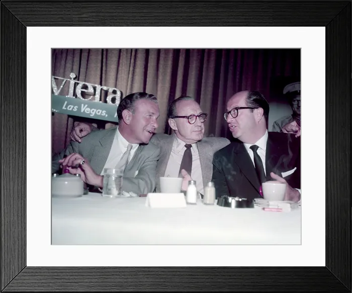 Framed Print : From left: George Burns, Jack Benny, Phil Silvers, at the Riviera Hotel, Las Vegas, Nevada, ca. 1956 Framed Print : From left: George Burns, Jack Benny, Phil Silvers, at the Riviera Hotel, Las Vegas, Nevada, ca. 1956