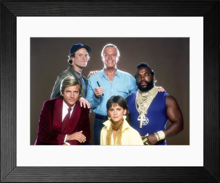 Framed Print : THE A-TEAM, from left: Dirk Benedict, Dwight Schultz, George Peppard, Melinda Culea, Mr. T, (1983), 1983-1987