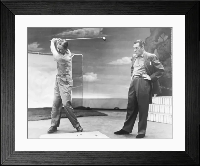 Framed Print : THE ED SULLIVAN SHOW, (aka TALK OF THE TOWN), from left: Byron Nelson (golf pro) demonstrating golf swing, Ed Sullivan, during rehearsal, (circa 1951), 1948-1971
