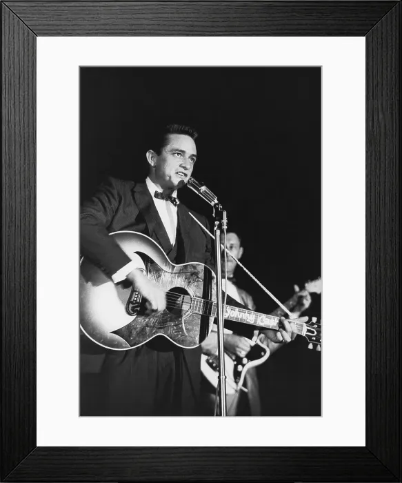 Framed Print : From left: Johnny Cash (with Gibson acoustic guitar), Luther Monroe Perkins, on stage, circa 1950s Framed Print : From left: Johnny Cash (with Gibson acoustic guitar), Luther Monroe Perkins, on stage, circa 1950s