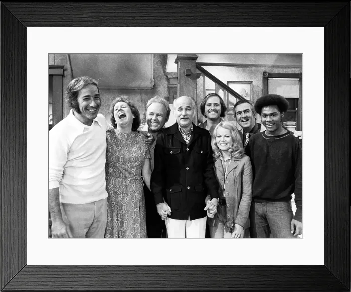 Framed Print : ALL IN THE FAMILY, from left: Jean Stapleton (second), Carroll O'Connor (third), Norman Lear (front, center), Rob Reiner (fifth), Sally Struthers (right of center)