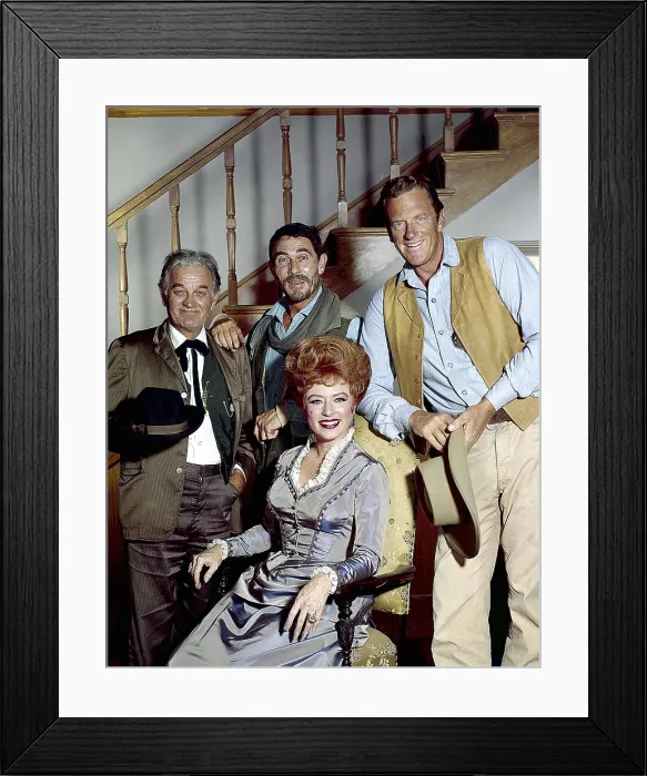 Framed Print : GUNSMOKE, from left: Milburn Stone, Amanda Blake (sitting), Ken Curtis, James Arness, (1968), 1955-1975
