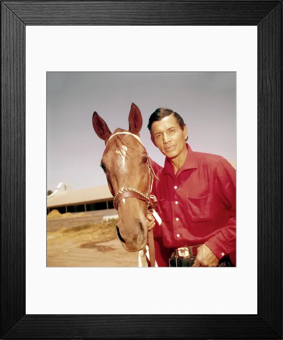Framed Print : Jay Silverheels of THE LONE RANGER poses with his three-year-old girl race horse horse, Sanderella, at Caliente track in Tijuana, Mexico, 1956 Framed Print : Jay Silverheels of THE LONE RANGER poses with his three-year-old girl race horse horse, Sanderella, at Caliente track in Tijuana, Mexico, 1956