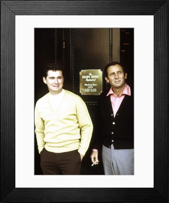 Framed Print : THE JOEY BISHOP SHOW, From left: Regis Philbin, Joey Bishop in front of the Brown Derby Restaurant, Los Angeles, CA.1967-1969