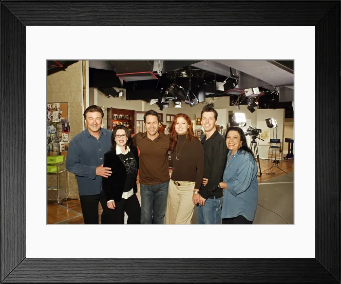 Framed Print : WILL & GRACE, Alec Baldwin, Megan Mullally, Eric McCormack, Debra Messing, Sean Hayes, Shelley Morrison, cast portrait for live episode: Alive & Schticking, (Season 8)